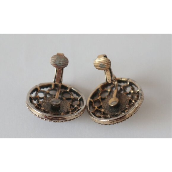 Vintage Signed Celebrity Earrings Clip On Marbled Brown Cabochon 1960's - Picture 3 of 4